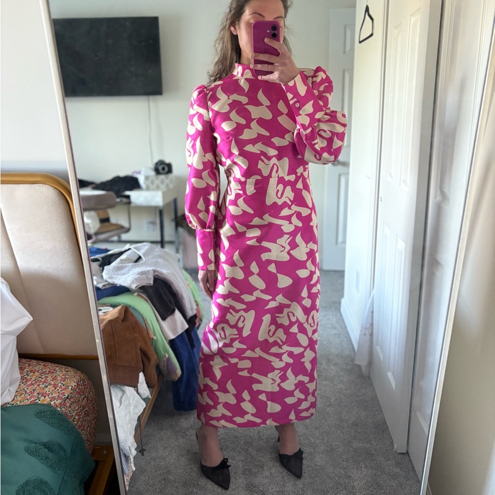LAAGAM Pink and Cream Long Sleeve Backless High Neck Dress